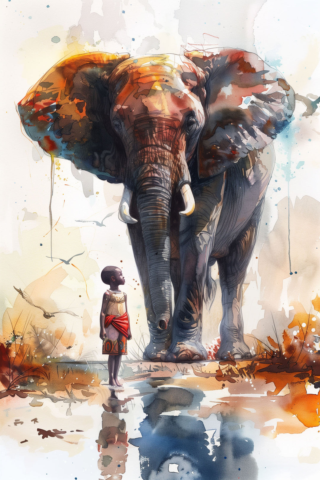 Wadi Home watercolor wall art print featuring a majestic elephant and a child in warm orange and blue tones.