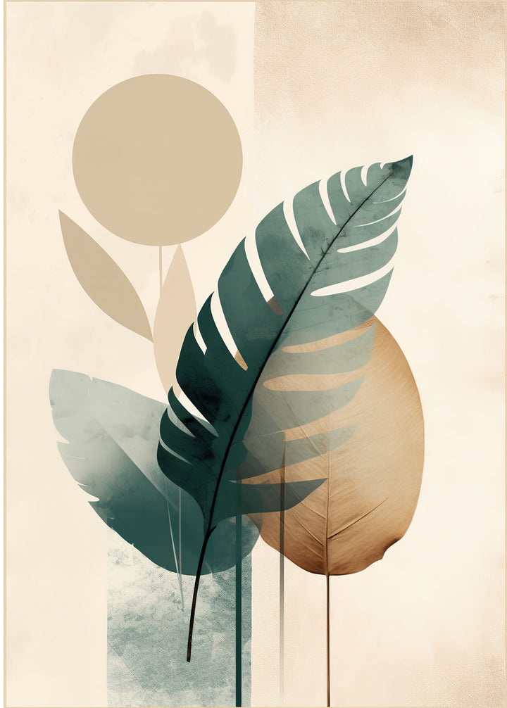 Wadi Home abstract botanical wall art print with forest green leaves and geometric shapes above a modern grey sofa.