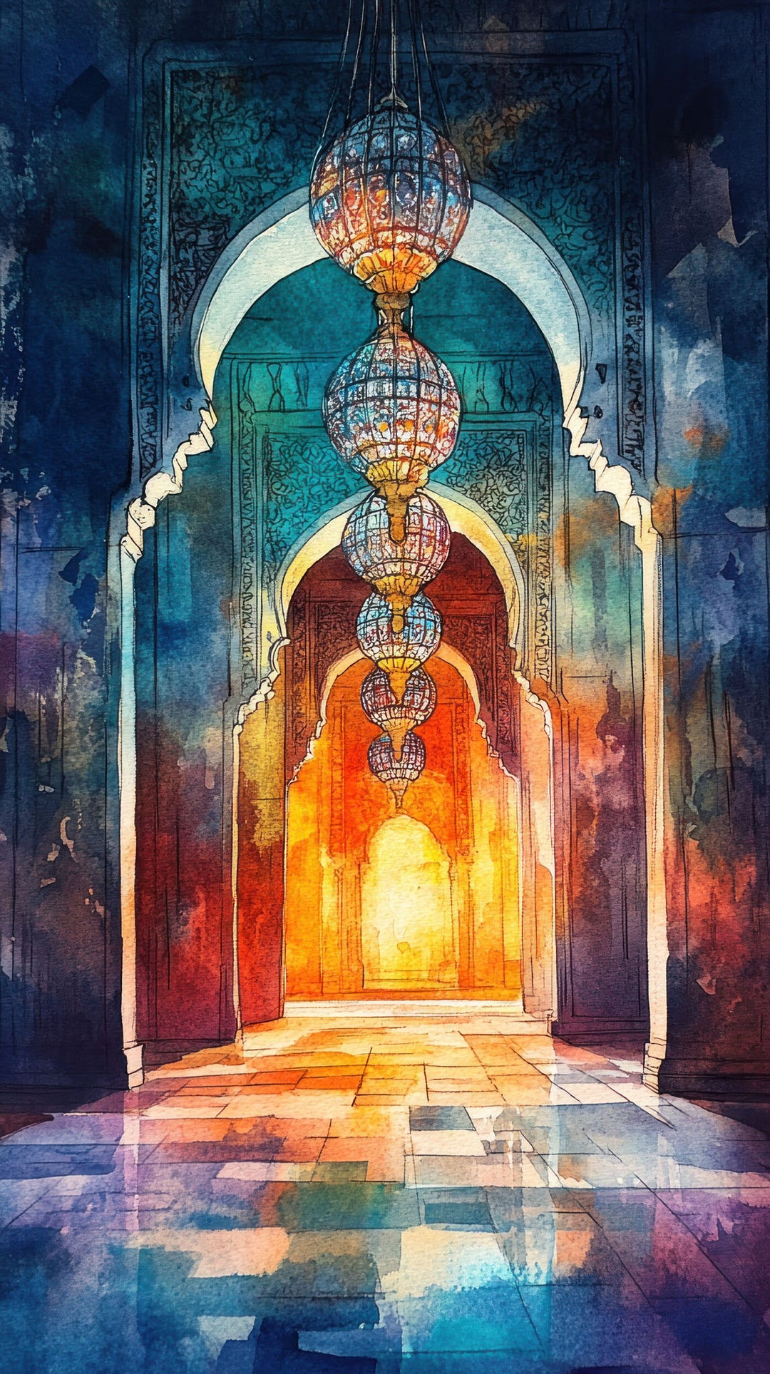 Wadi Home traditional architectural archway wall art print with glowing lanterns in blue and orange watercolor style.