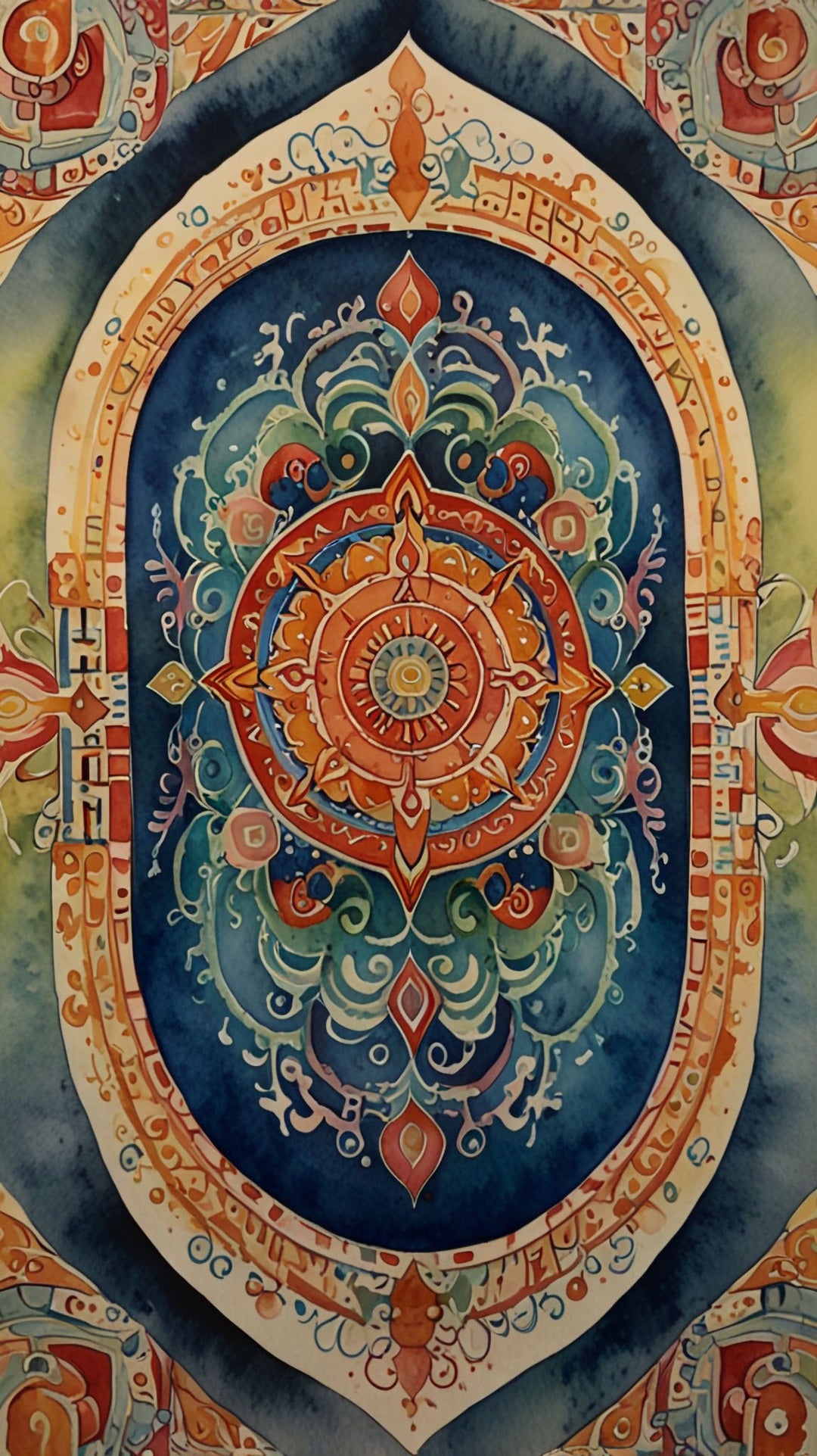Wadi Home decorative mandala wall art print with intricate geometric patterns in deep blue, orange, and gold above a sofa