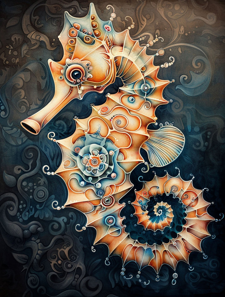 Wadi Home ornate seahorse framed wall art print with amber and blue intricate patterns hanging above a modern sofa.