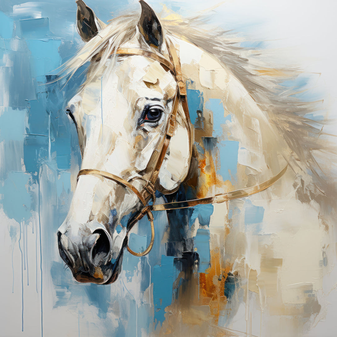 Wadi Home abstract horse portrait canvas print featuring expressive brushstrokes in cream, earth tones, and vibrant blue.