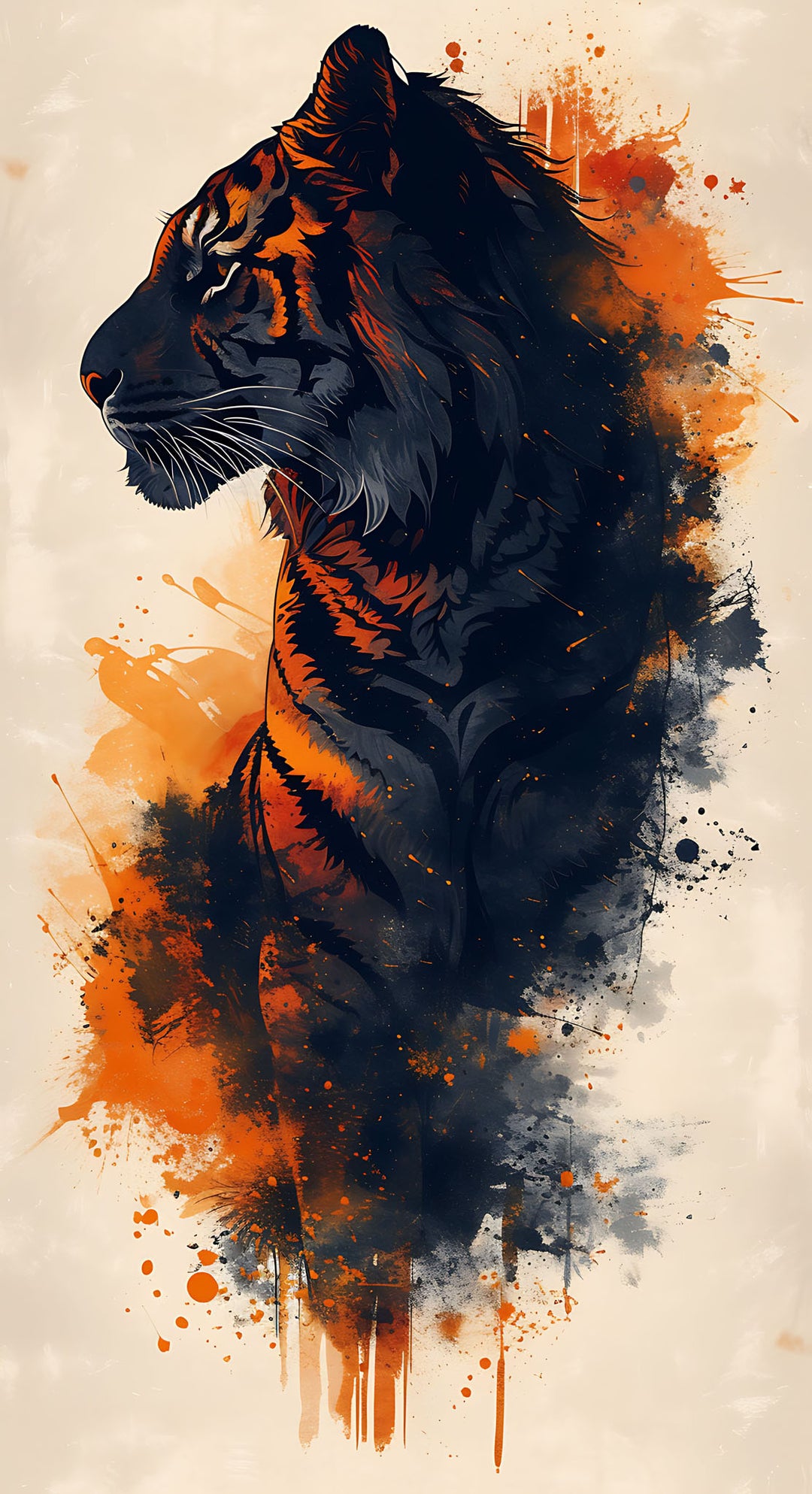 Wadi Home abstract tiger wall art print with charcoal, black, and orange painterly brushstrokes above a grey sofa.