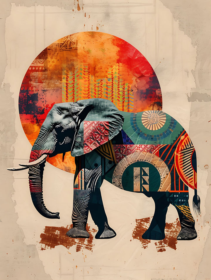 Wadi Home decorative elephant wall art print with vibrant geometric patterns and sun motif above a modern sofa
