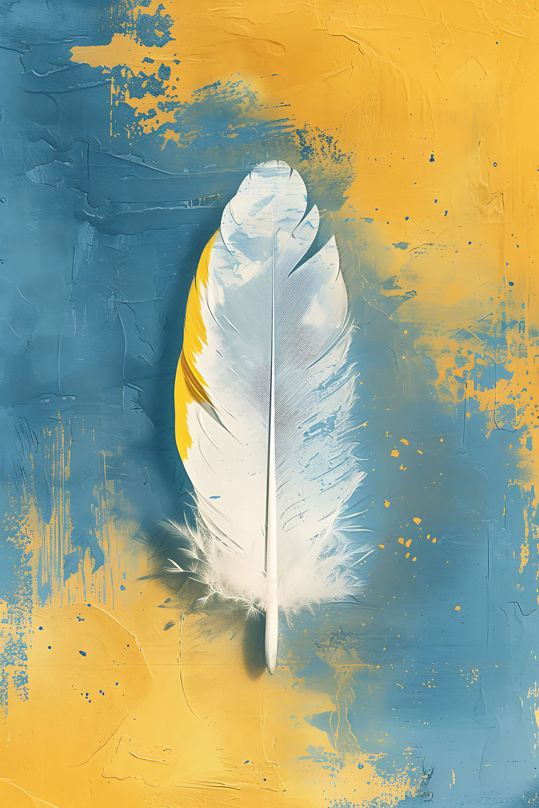 Wadi Home abstract feather canvas print with white feather on textured blue and yellow background above a grey sofa.