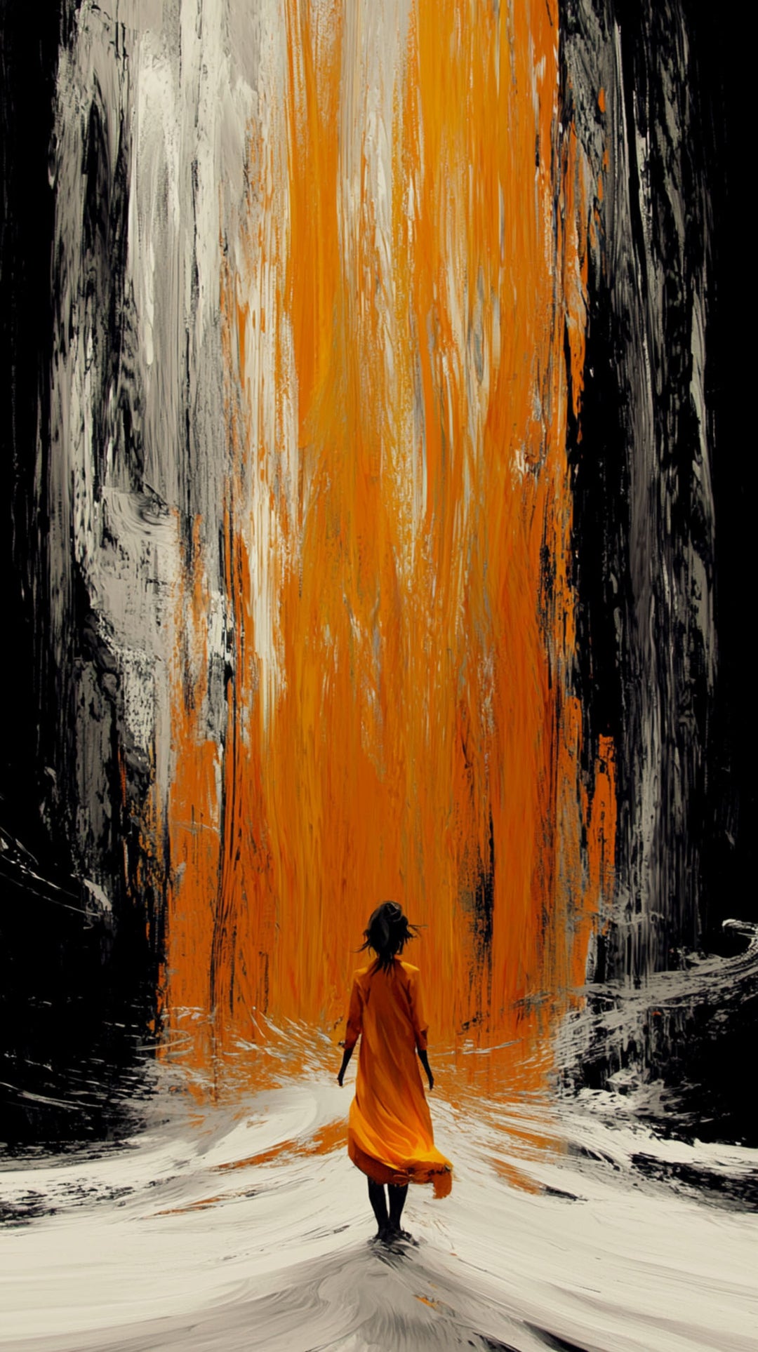 Wadi Home abstract wall art print featuring a figure walking toward an orange waterfall on a black and white background.