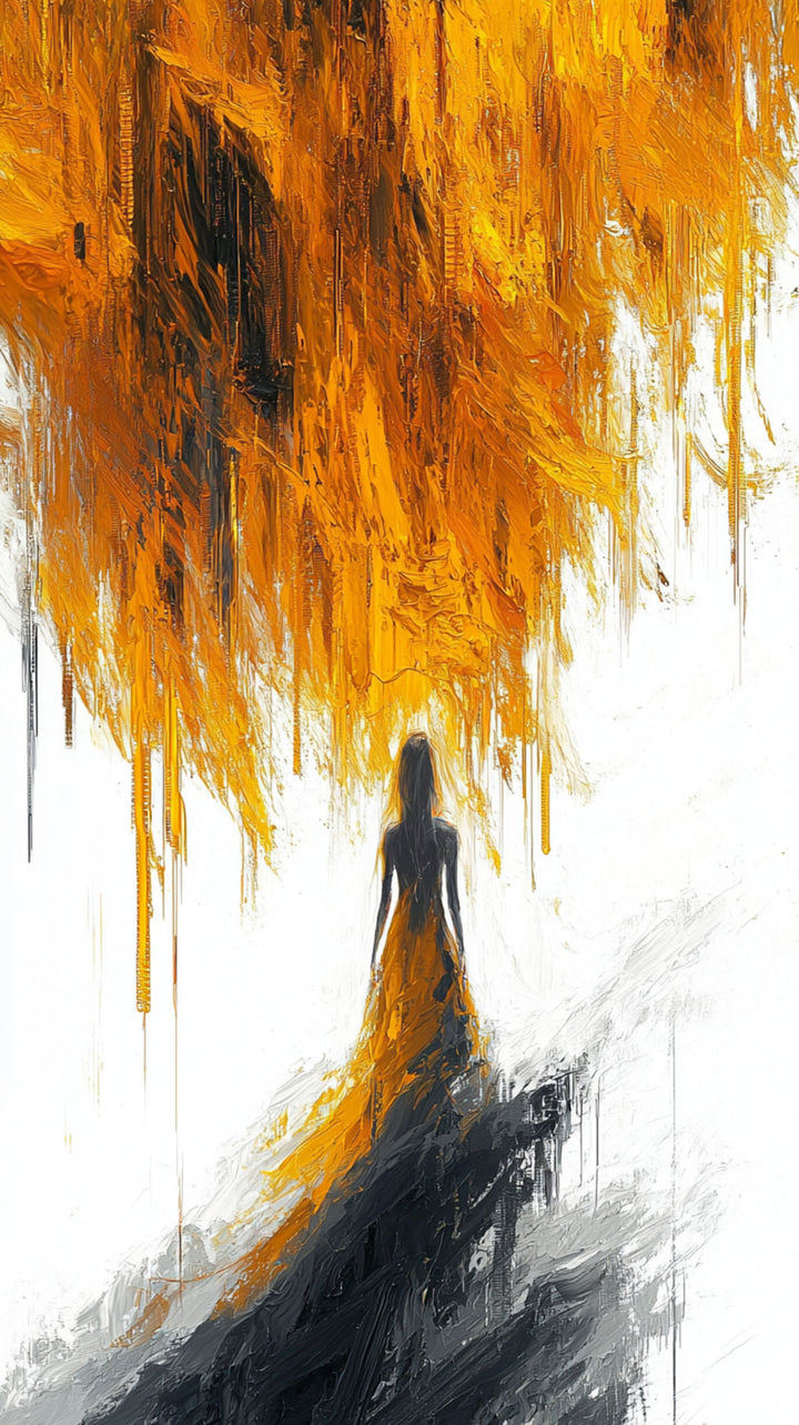 Wadi Home abstract figure wall art print with ochre and charcoal brushstrokes hanging above a modern grey sofa.