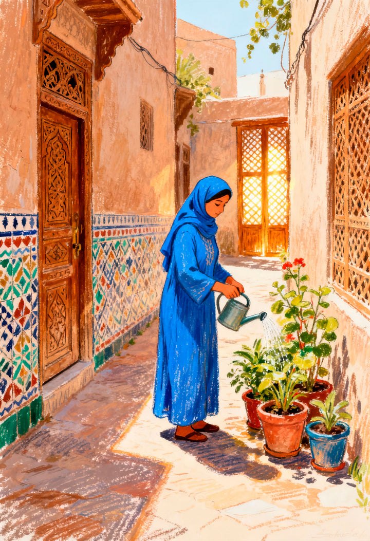 Wadi Home framed wall art featuring a woman in a blue dress watering plants in a traditional sunlit courtyard.