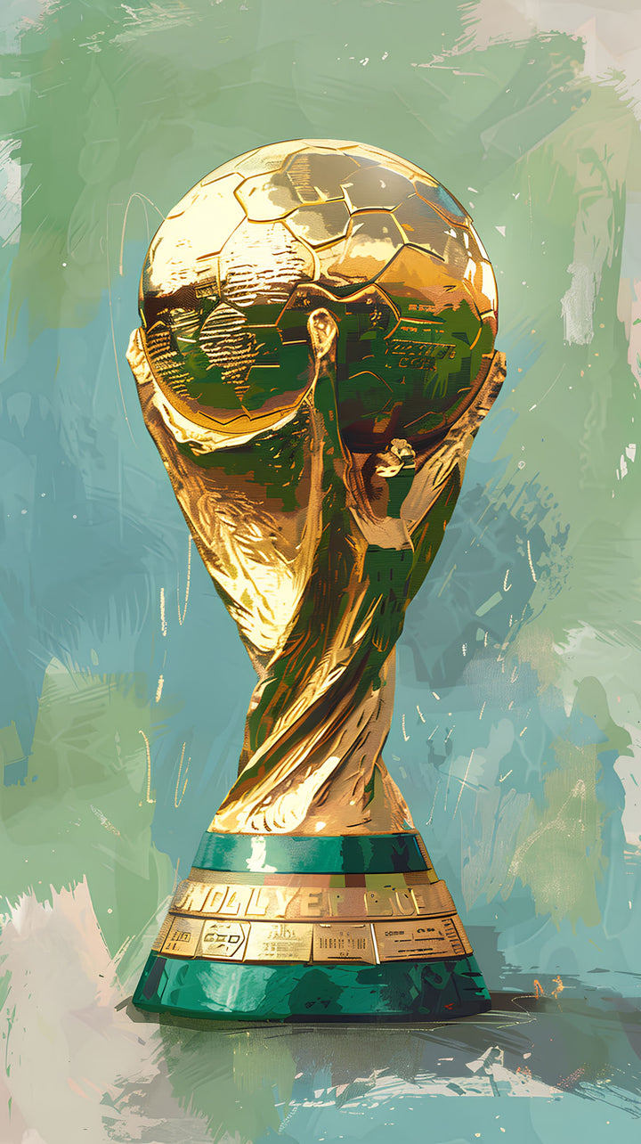 Wadi Home painterly gold World Cup trophy wall art print on a grey living room wall above a modern sofa.