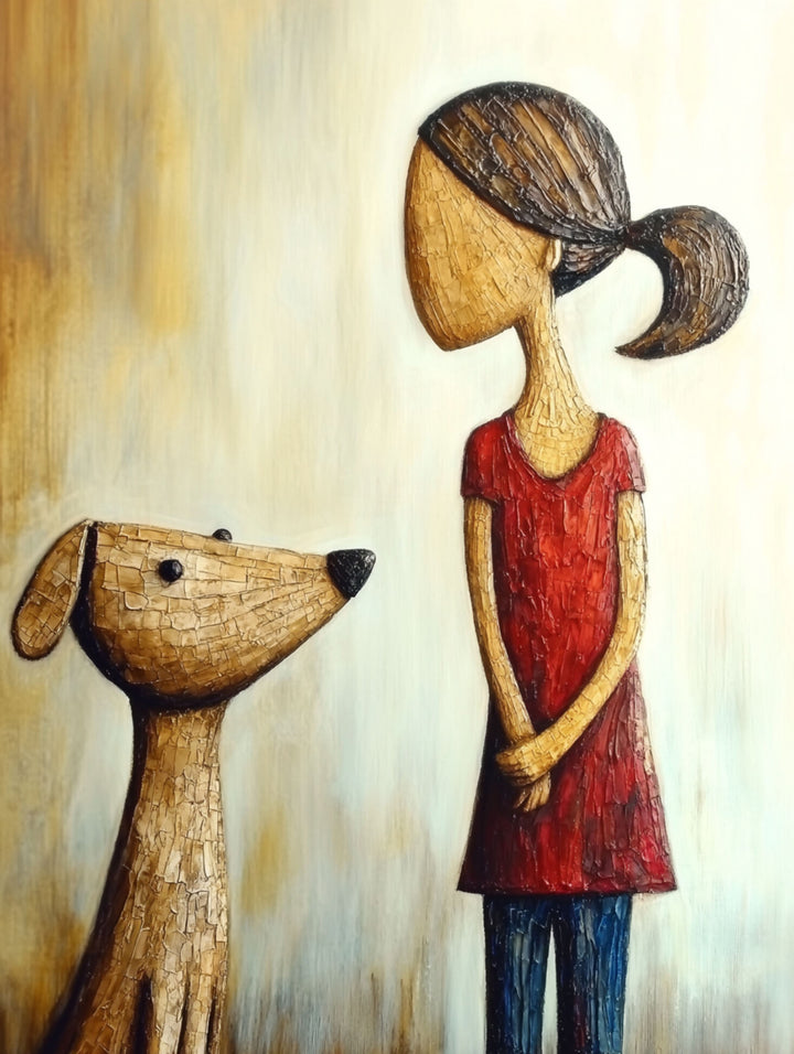 Wadi Home framed wall art featuring a textured illustration of a girl in a red dress with her dog in a living room.