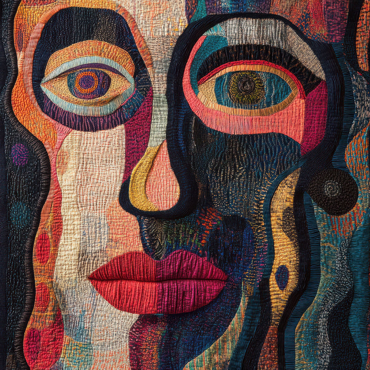 Wadi Home abstract face canvas wall art with vibrant blue, orange, and red textured patterns above a modern sofa.