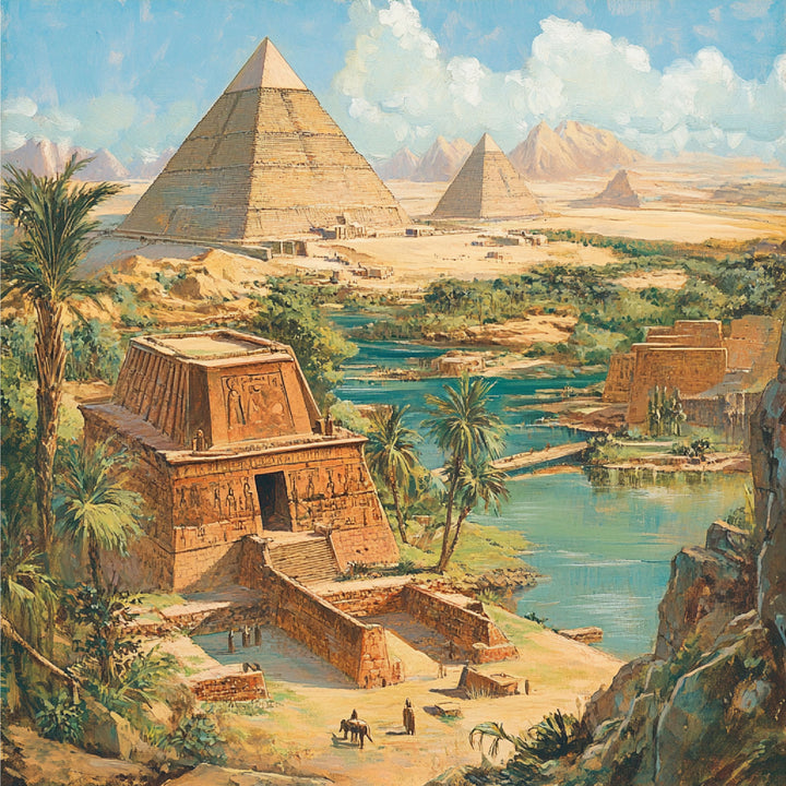 Wadi Home Ancient Egyptian landscape wall art print featuring pyramids and the Nile river displayed above a modern sofa.