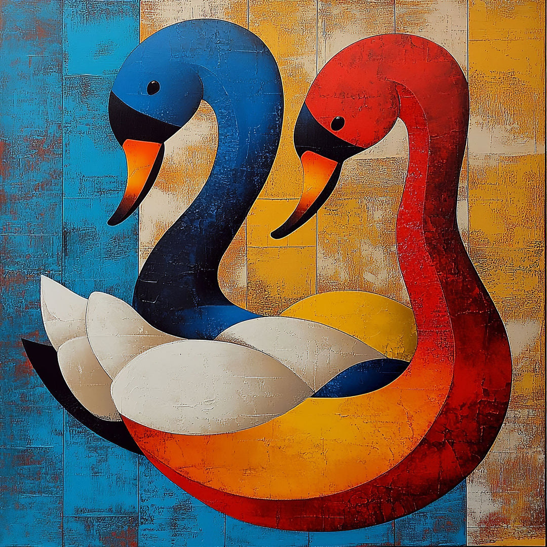 Wadi Home abstract swan duo canvas painting with blue, red, and yellow geometric shapes in a modern living room.