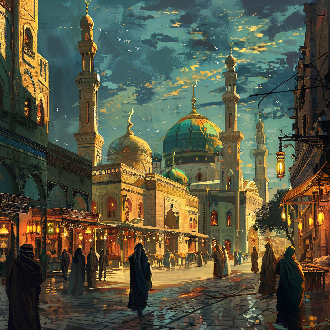 Wadi Home traditional Middle Eastern cityscape wall art print featuring domes and minarets in teal and orange tones.