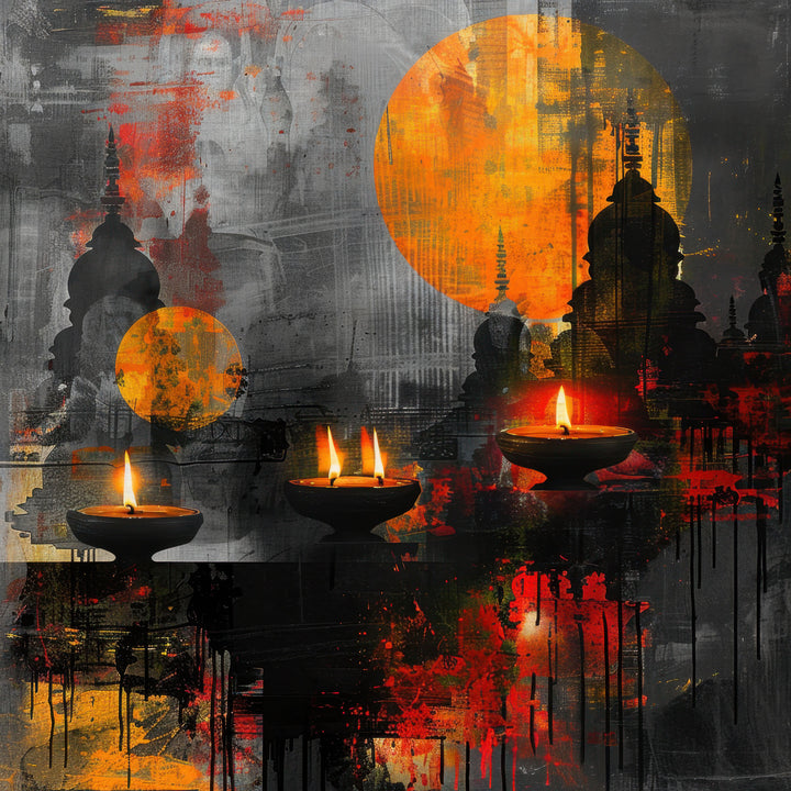 Wadi Home abstract canvas print featuring oil lamps and sunset tones above a modern sofa in a grey living room.