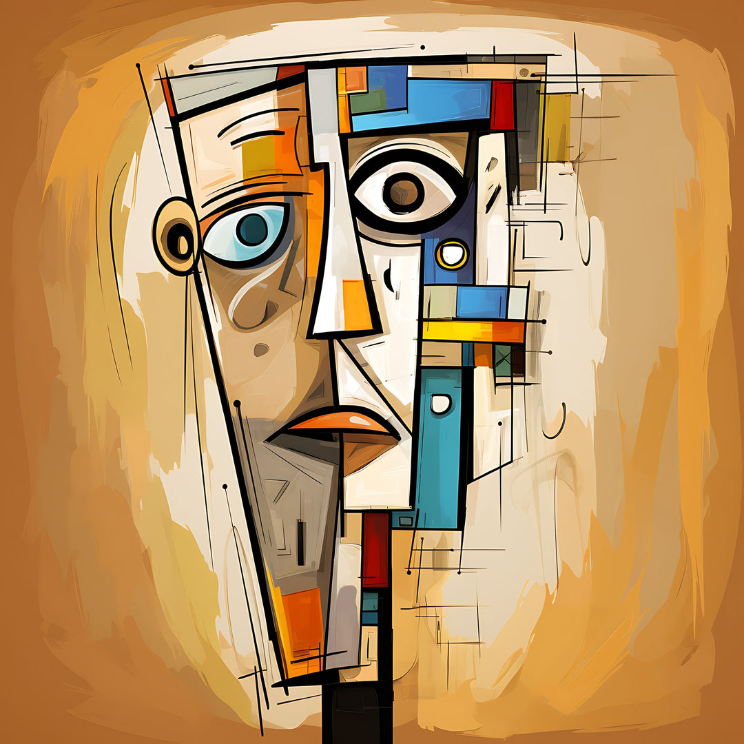 Wadi Home abstract geometric face canvas print with ochre, blue, and black accents displayed above a modern sofa.