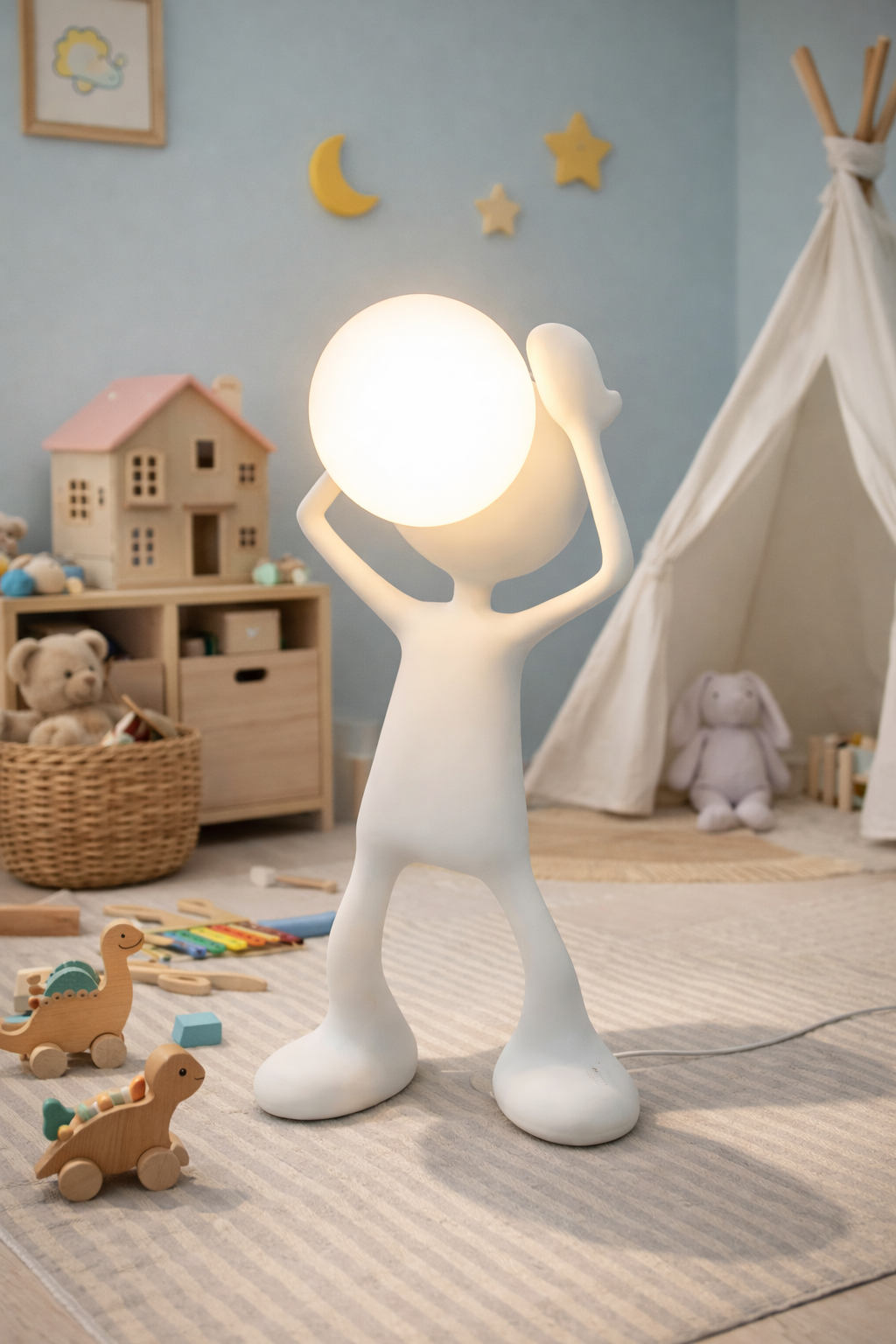 Kids character floor lamp with glowing globe head and playful human-shaped design for children's rooms