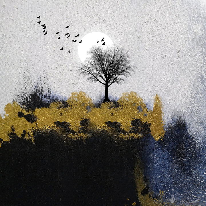 Wadi Home abstract landscape canvas art featuring a lone tree, moon, and gold accents above a modern grey sofa.