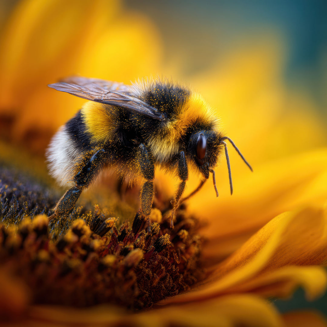 Wadi Home bumblebee on sunflower macro wall art print displayed above a modern grey sectional sofa in a living room.