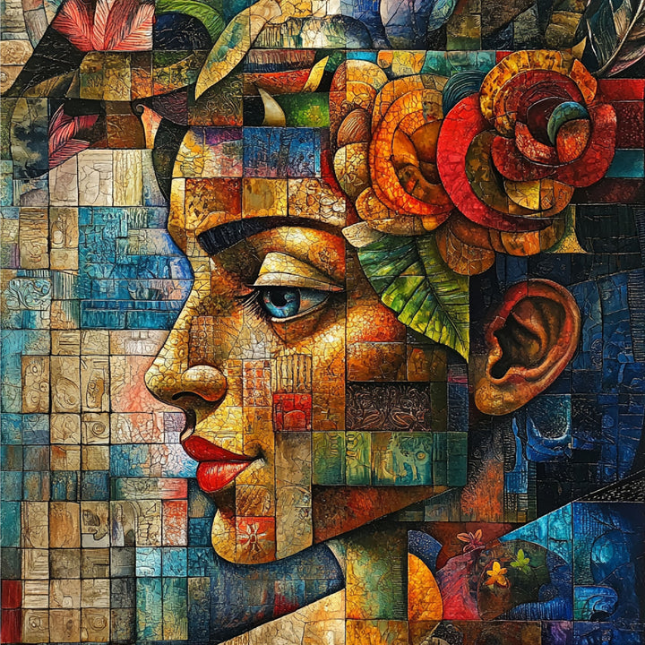 Wadi Home abstract mosaic portrait wall art print featuring vibrant blue, amber, and red geometric profile design.