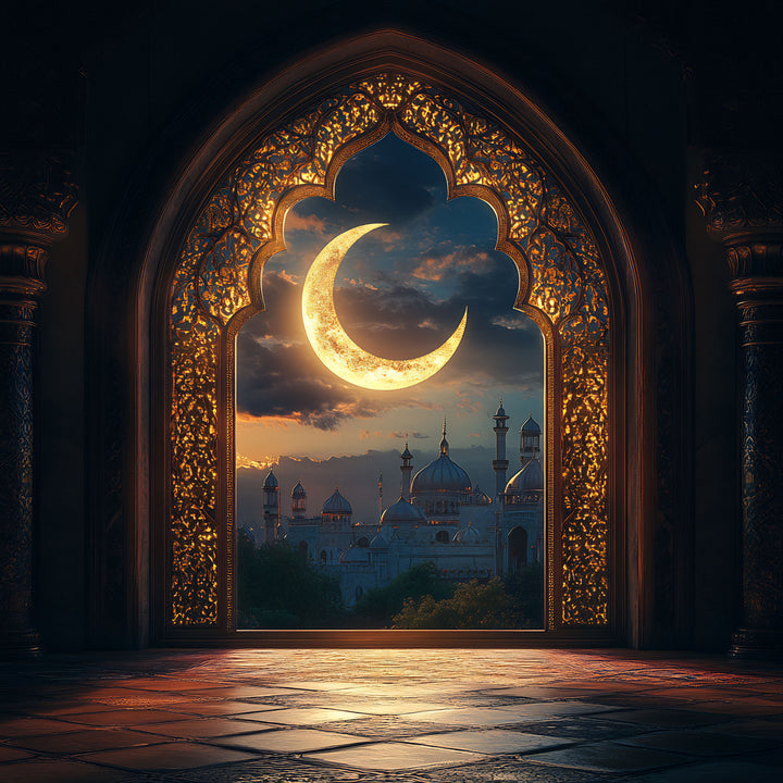 Wadi Home decorative archway wall art print featuring a golden crescent moon over a cityscape in a modern living room