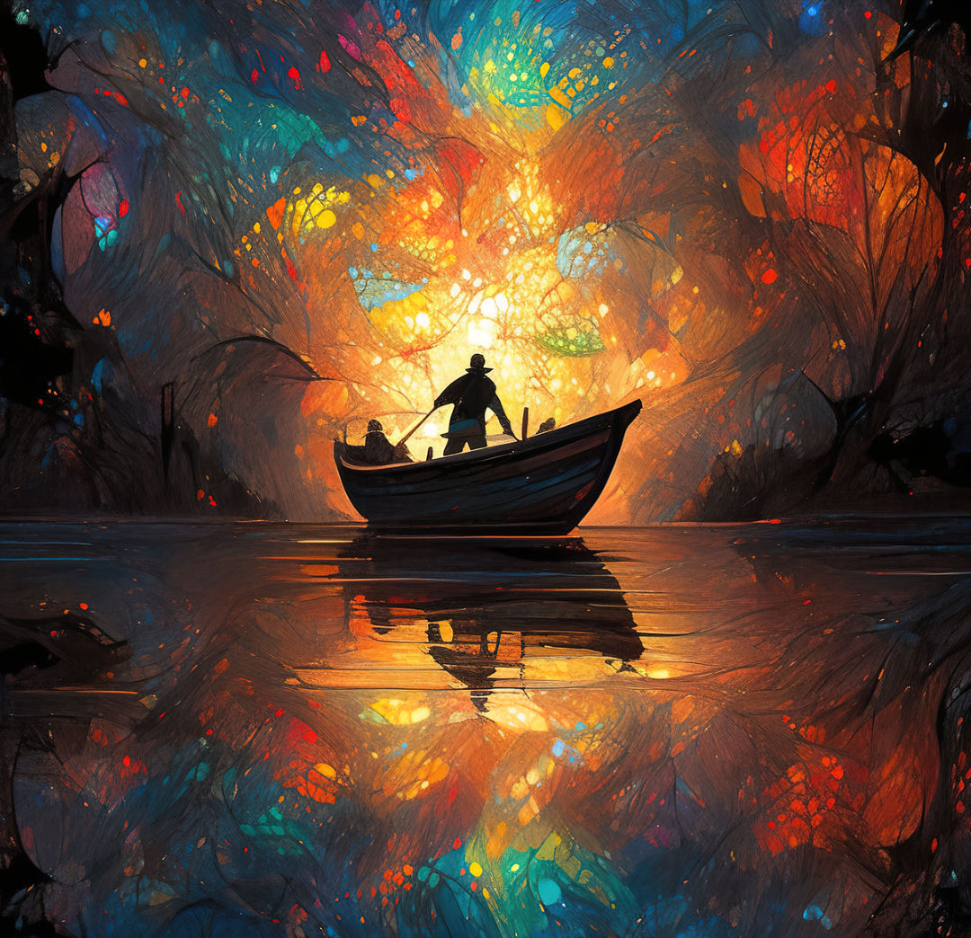 Wadi Home abstract boat wall art canvas print featuring vibrant colors and a silhouette on a modern living room wall.