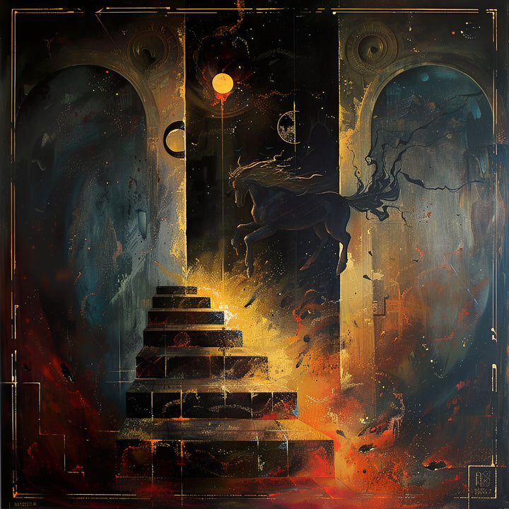 Wadi Home abstract surrealist canvas print featuring a cosmic staircase and ethereal horse above a modern grey sofa.