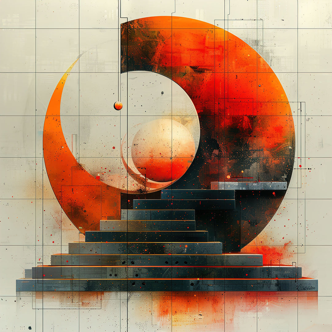 Wadi Home abstract geometric wall art print featuring a fiery orange circle and staircase motif above a modern sofa.