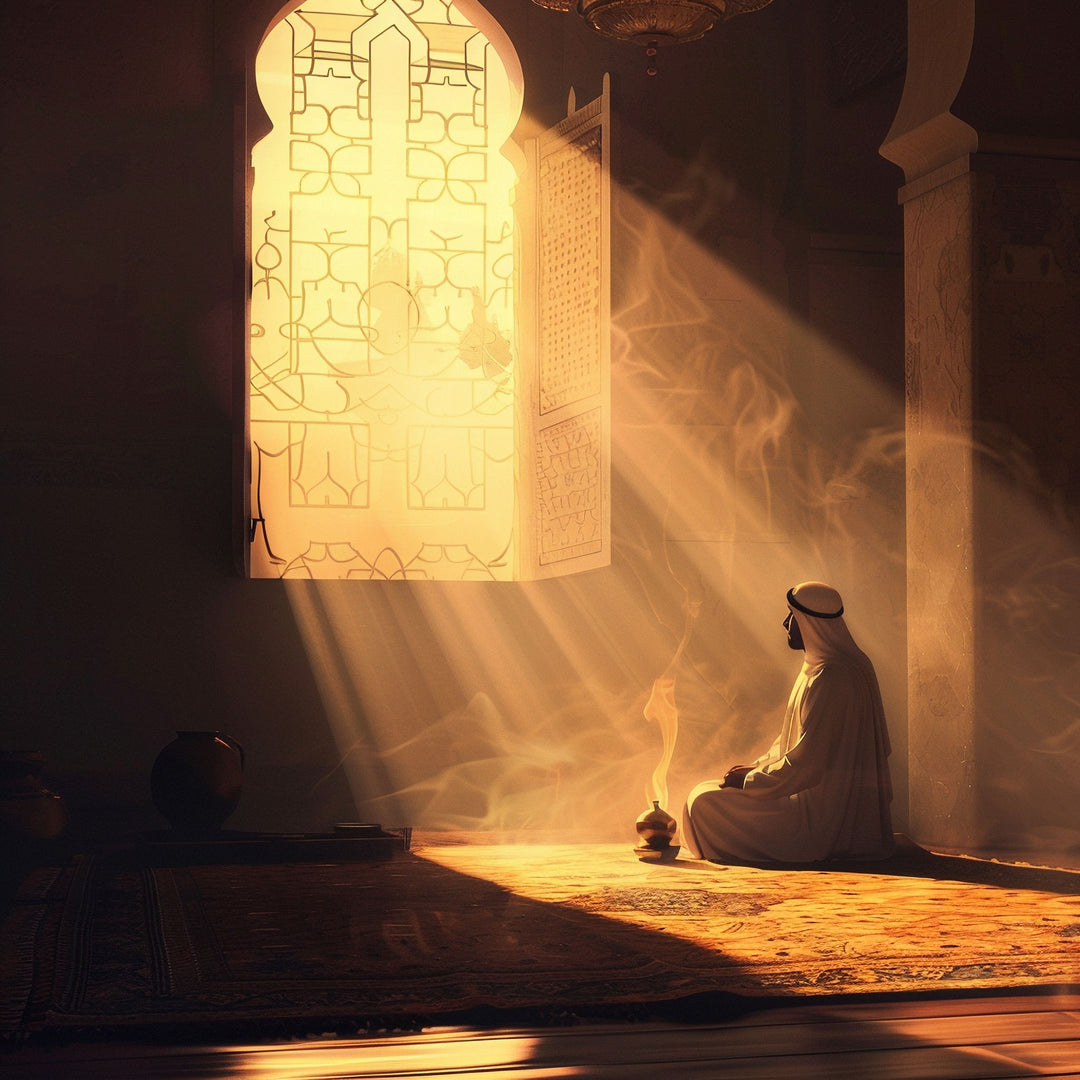 Wadi Home Spiritual Reflection wall art print featuring a person praying in golden light above a modern grey sofa.