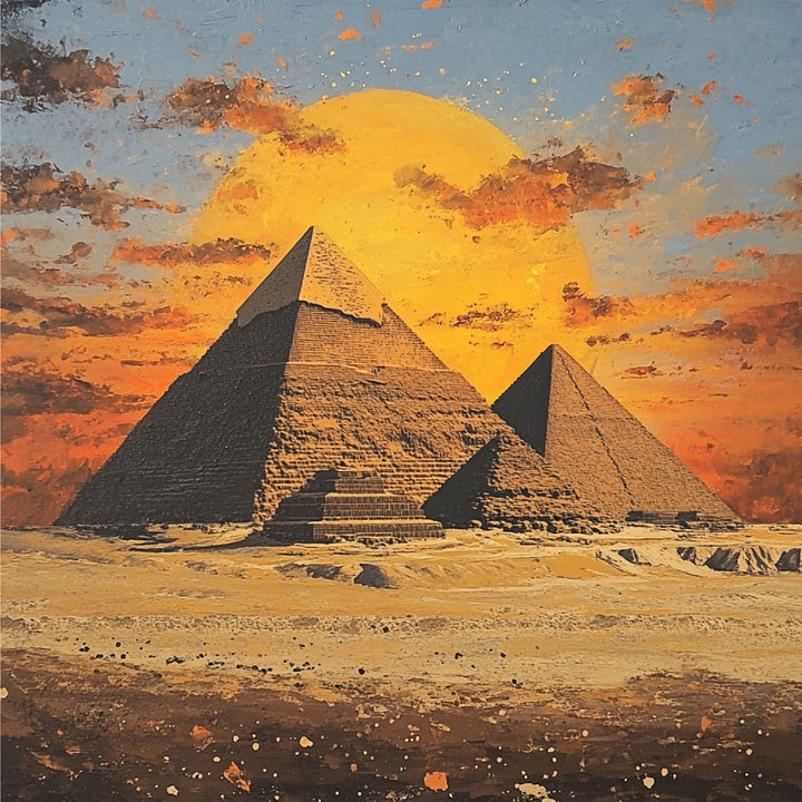 Wadi Home Egyptian pyramid wall art print featuring a vibrant sunset over the Giza desert in a modern living room.