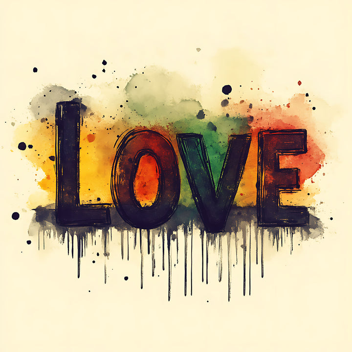 Wadi Home abstract love typography framed wall art with watercolor splashes on a cream background above a grey sofa.