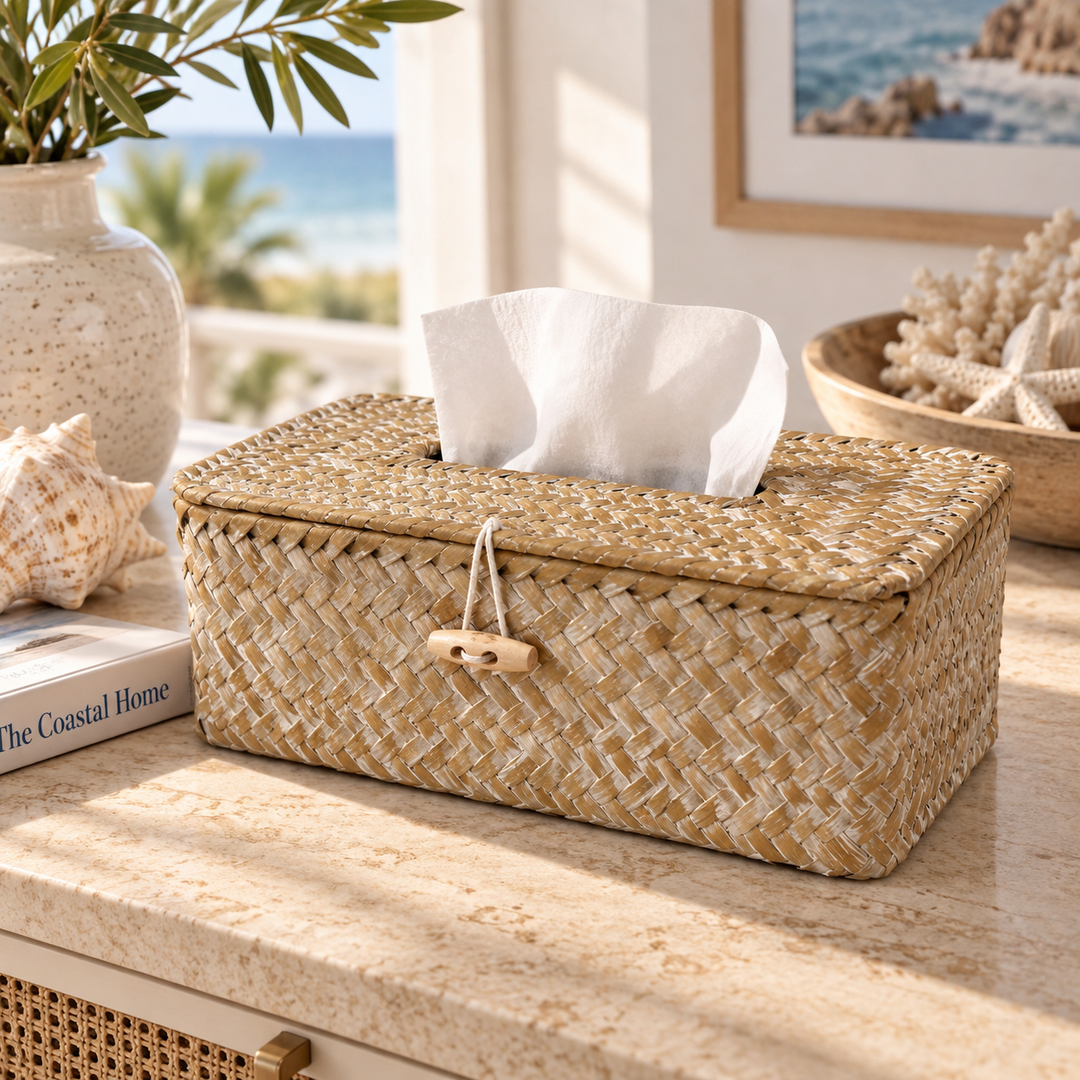 Woven natural rattan tissue box cover with wooden clasp
