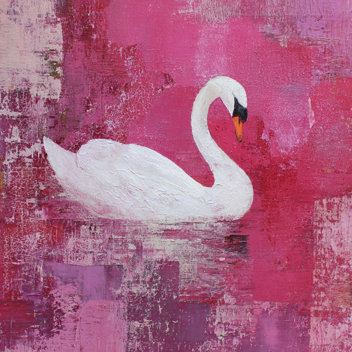 Wadi Home elegant swan canvas wall art featuring a white swan against a textured magenta and berry abstract background.