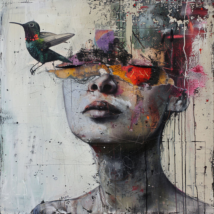 Wadi Home abstract portrait canvas print featuring a human silhouette, hummingbird, and vibrant paint splashes.