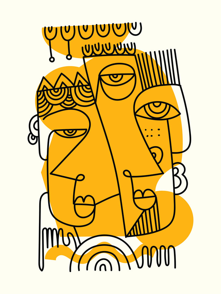 Wadi Home abstract line art wall print featuring black faces and mustard yellow accents in a modern living room.