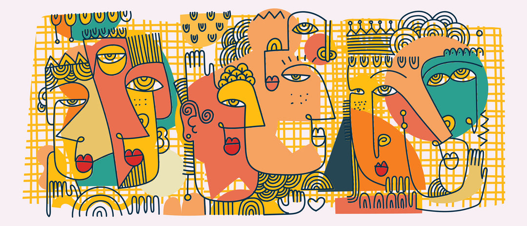 Wadi Home abstract faces canvas print with teal, orange, and yellow geometric line art hanging above a modern sofa.