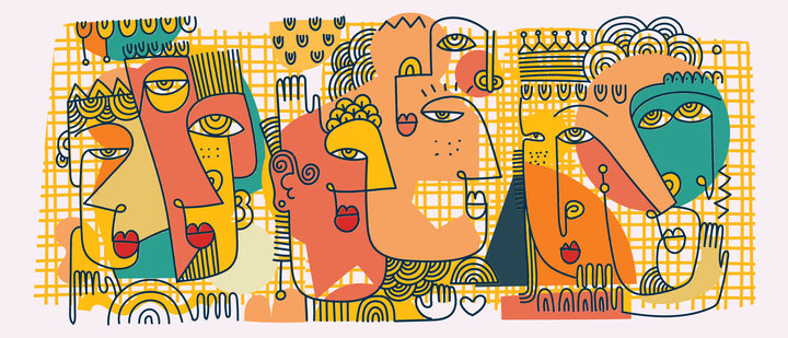 Wadi Home abstract faces canvas print with teal, orange, and yellow geometric line art hanging above a modern sofa.
