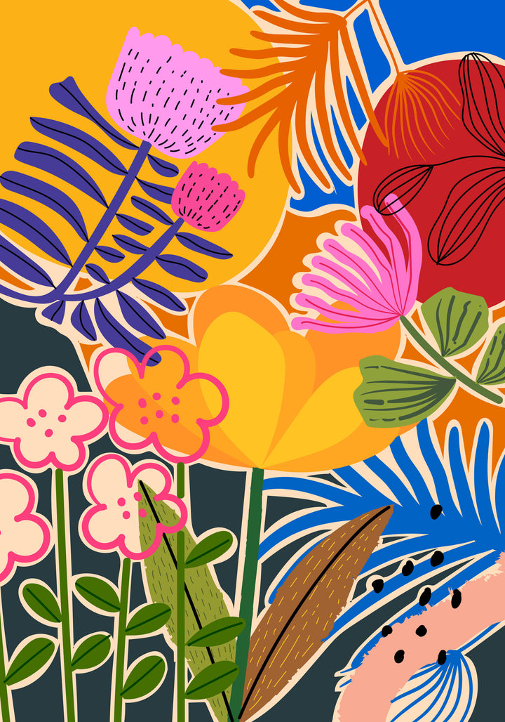 Wadi Home abstract botanical framed wall art with vibrant floral patterns in a coastal living room setting.