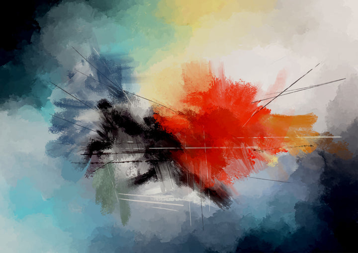 Wadi Home abstract expressionist canvas print with bold red and blue brushstrokes hanging above a modern sofa.