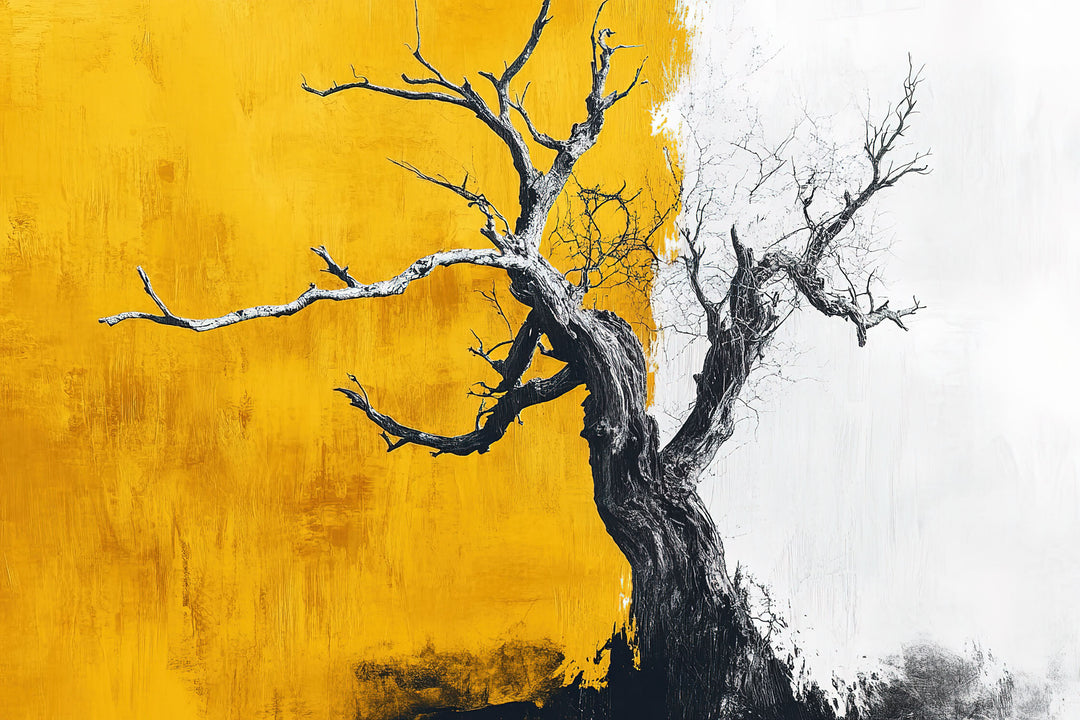Wadi Home abstract tree landscape canvas print featuring golden yellow and charcoal tones above a modern sofa.
