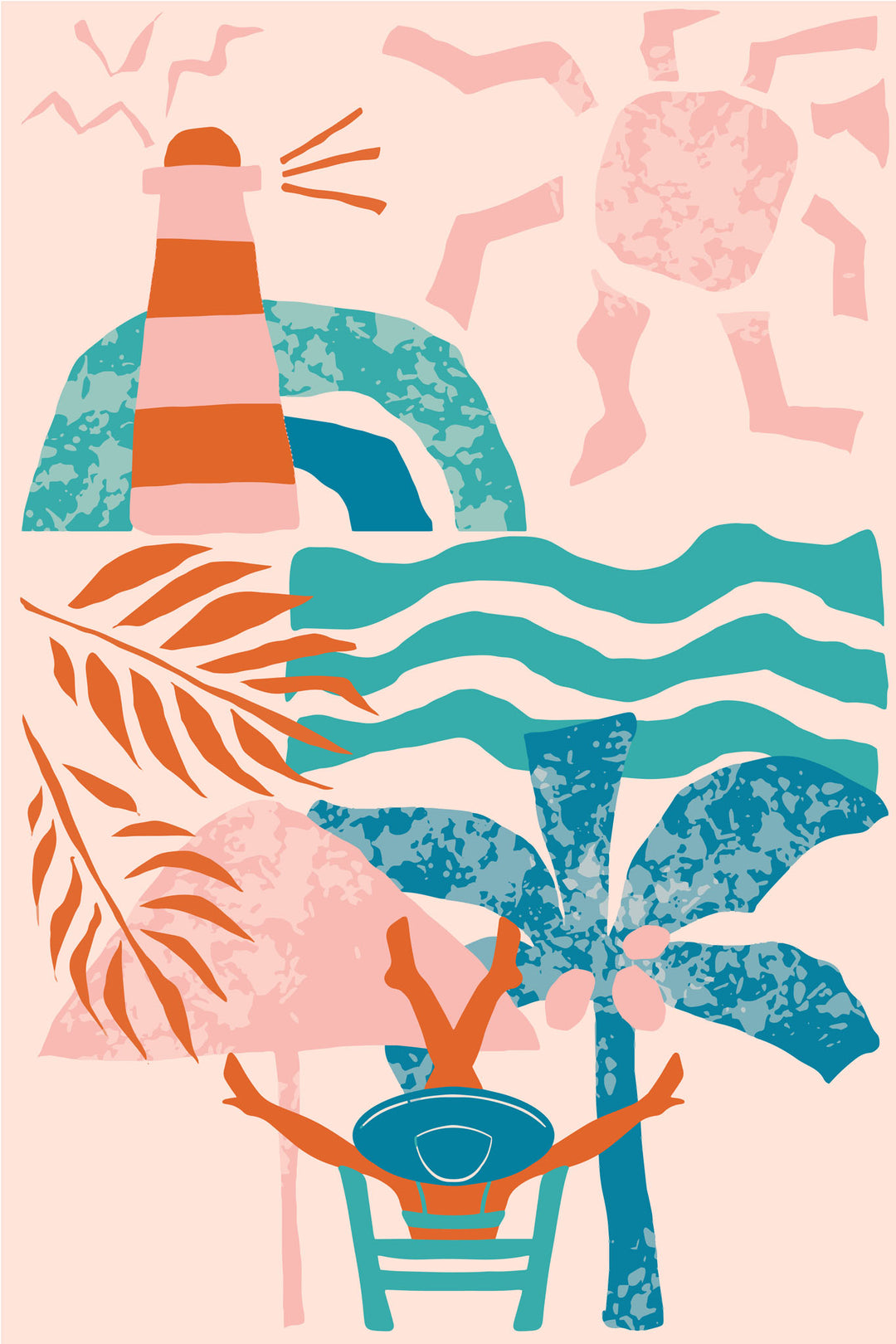 Wadi Home abstract coastal wall art featuring a lighthouse, palm trees, and sun in pink, teal, and orange on a wall.