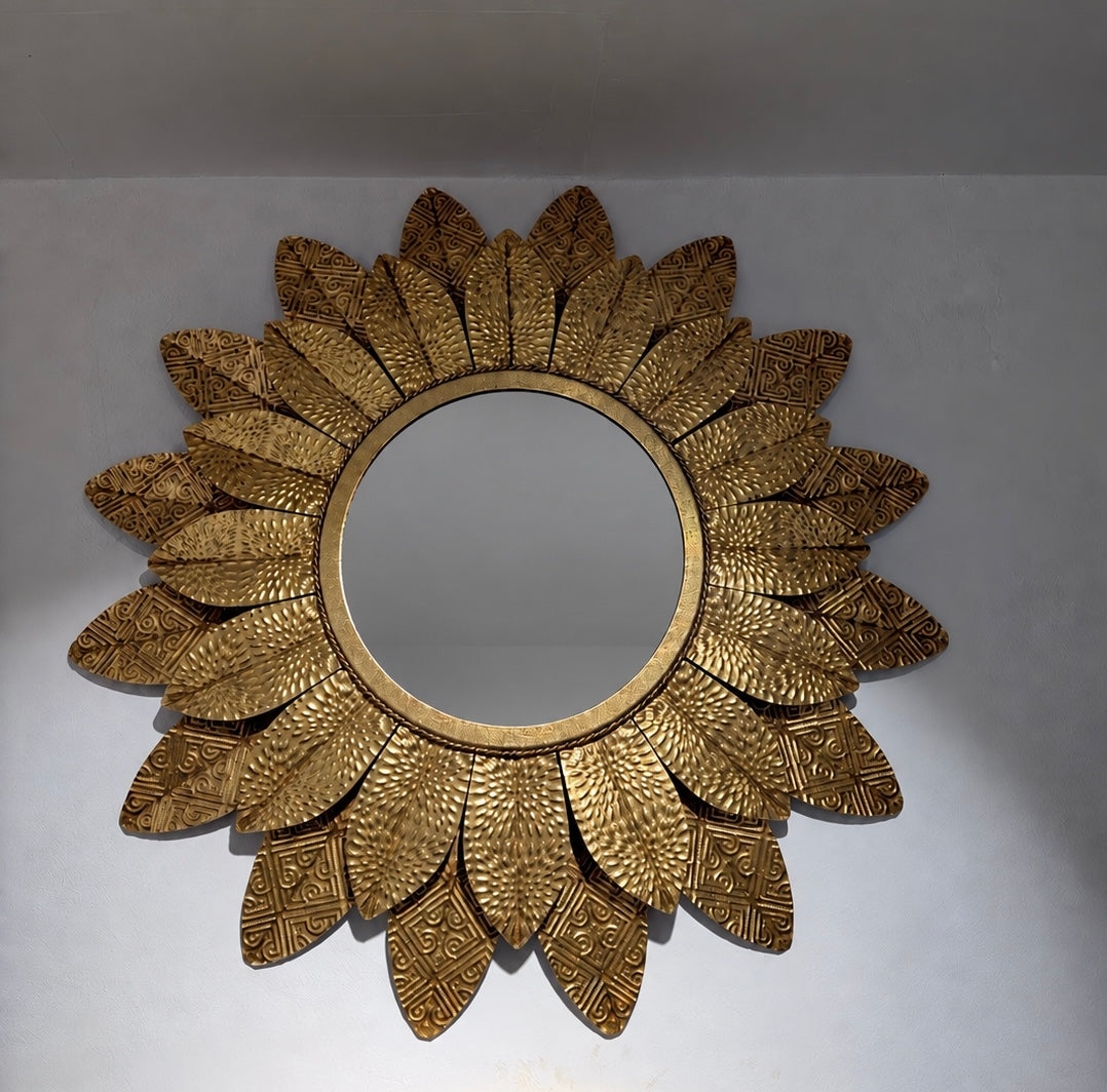 Gold Sunburst Metal Wall Mirror with Textured Leaf Frame