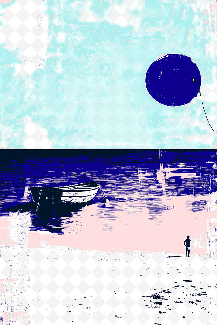Wadi Home abstract coastal landscape wall art print featuring a boat and figure in navy, sky blue, and blush pink tones.