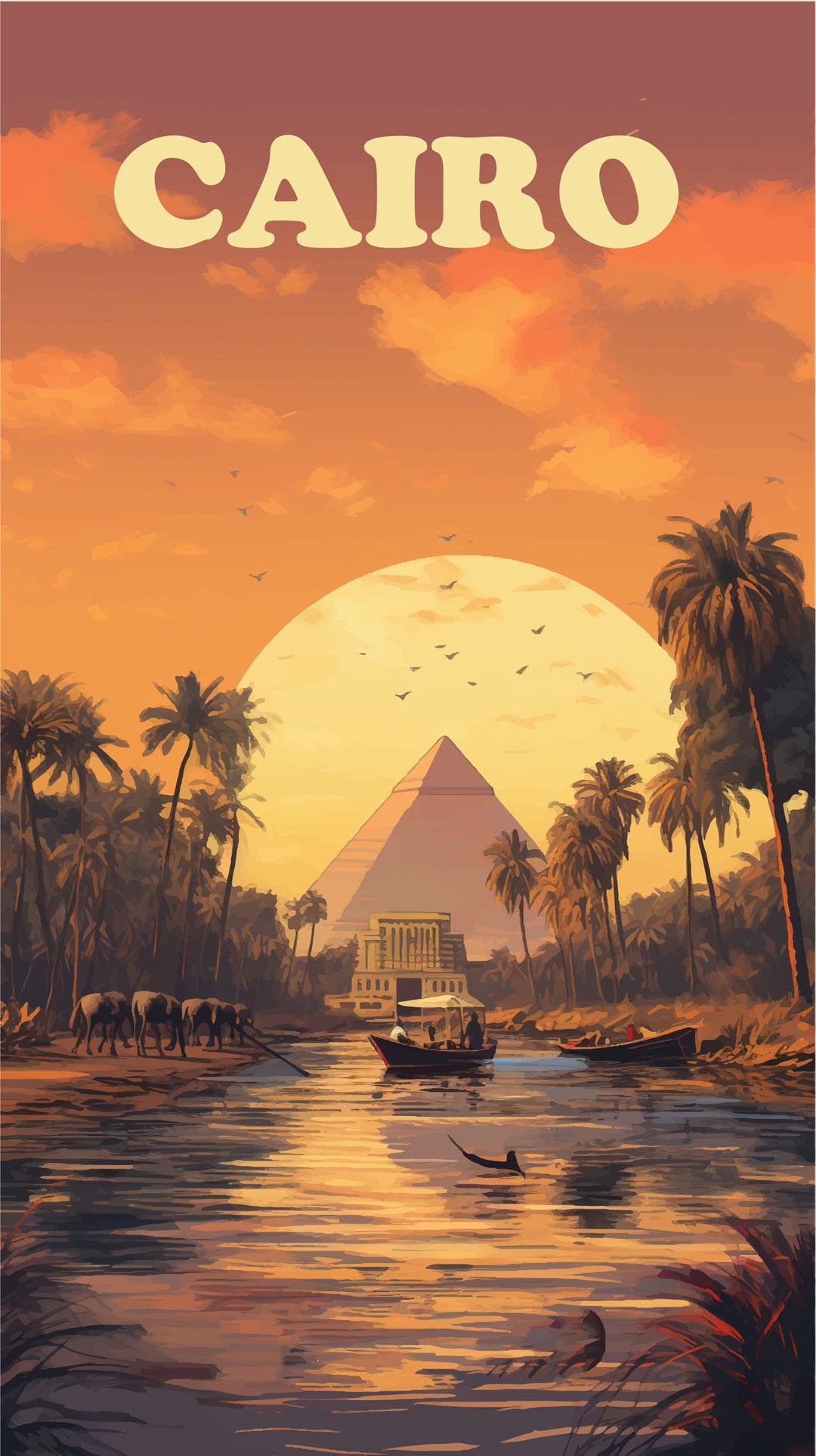 Wadi Home Cairo travel poster featuring pyramids and Nile River at sunset in warm orange and purple tones on wall