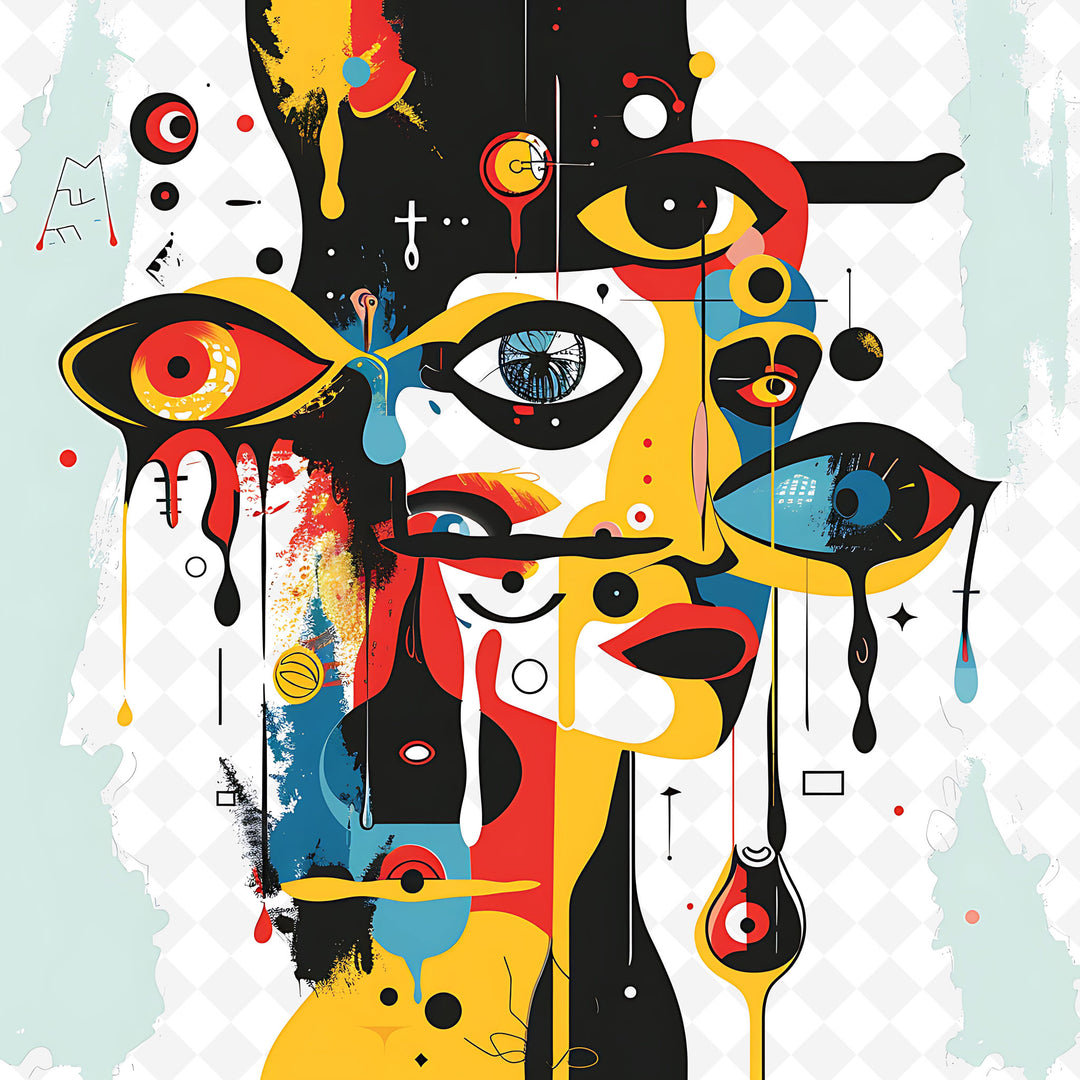 Wadi Home abstract geometric face canvas art featuring vibrant colors above a modern beige sofa in a living room.