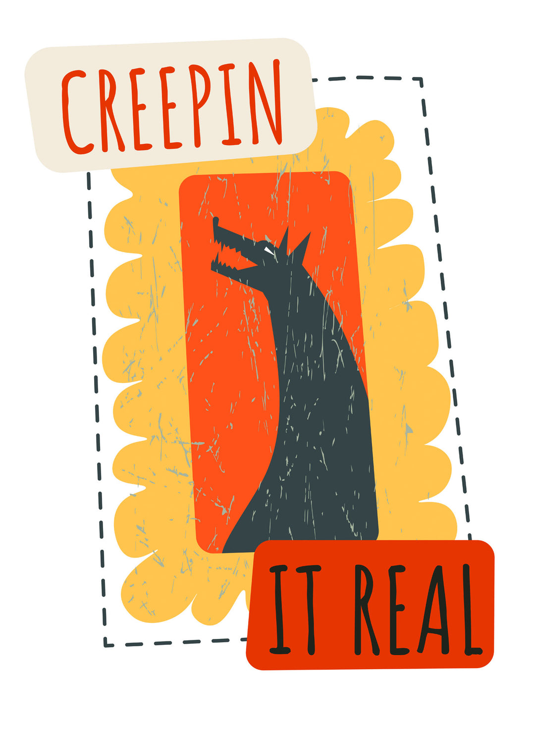 Wadi Home Creepin It Real wall art print featuring a stylized creature silhouette on a vibrant orange and yellow background.