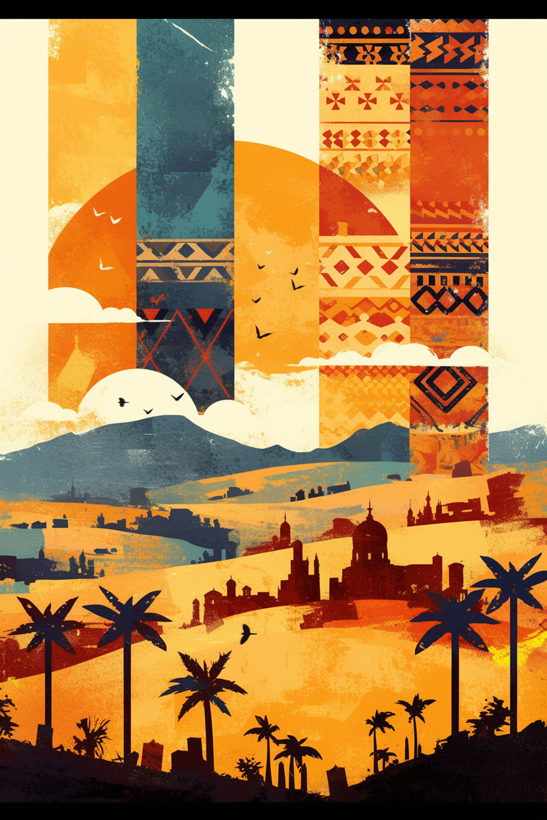 Wadi Home abstract desert landscape wall art print with terracotta, ochre, and blue tones in a modern living room.