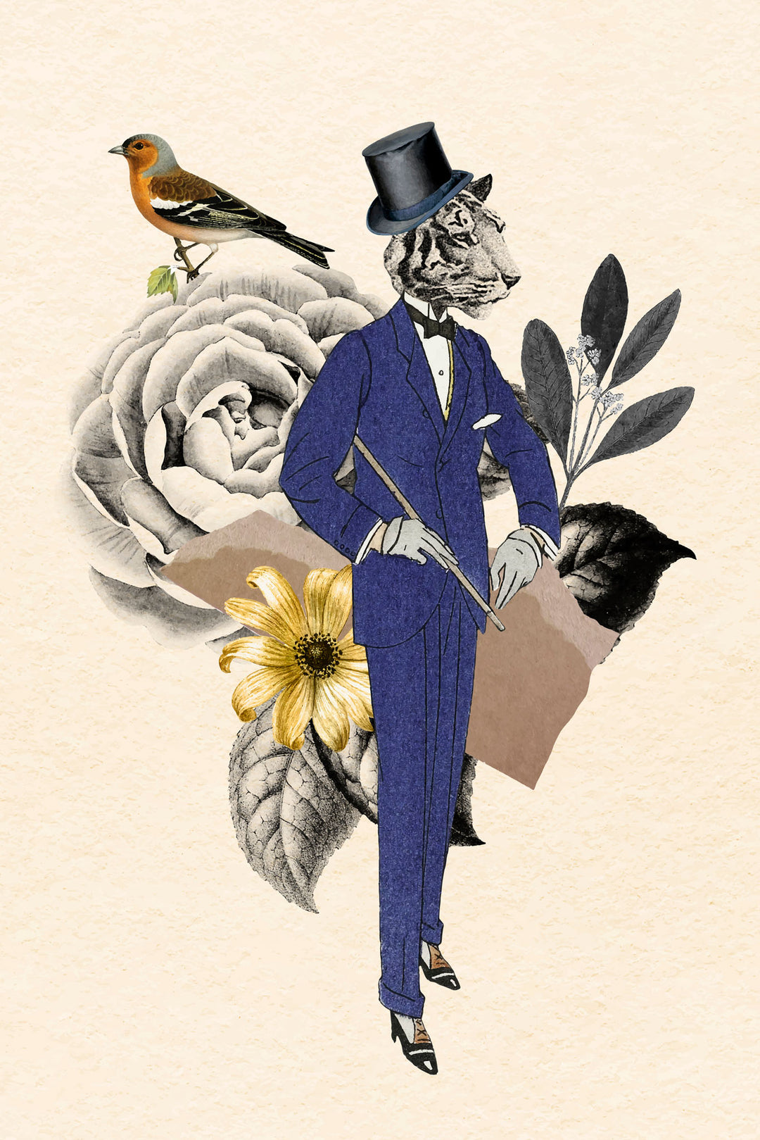 Wadi Home surreal tiger gentleman wall art print featuring a tiger in a blue suit, top hat, roses, and a songbird.