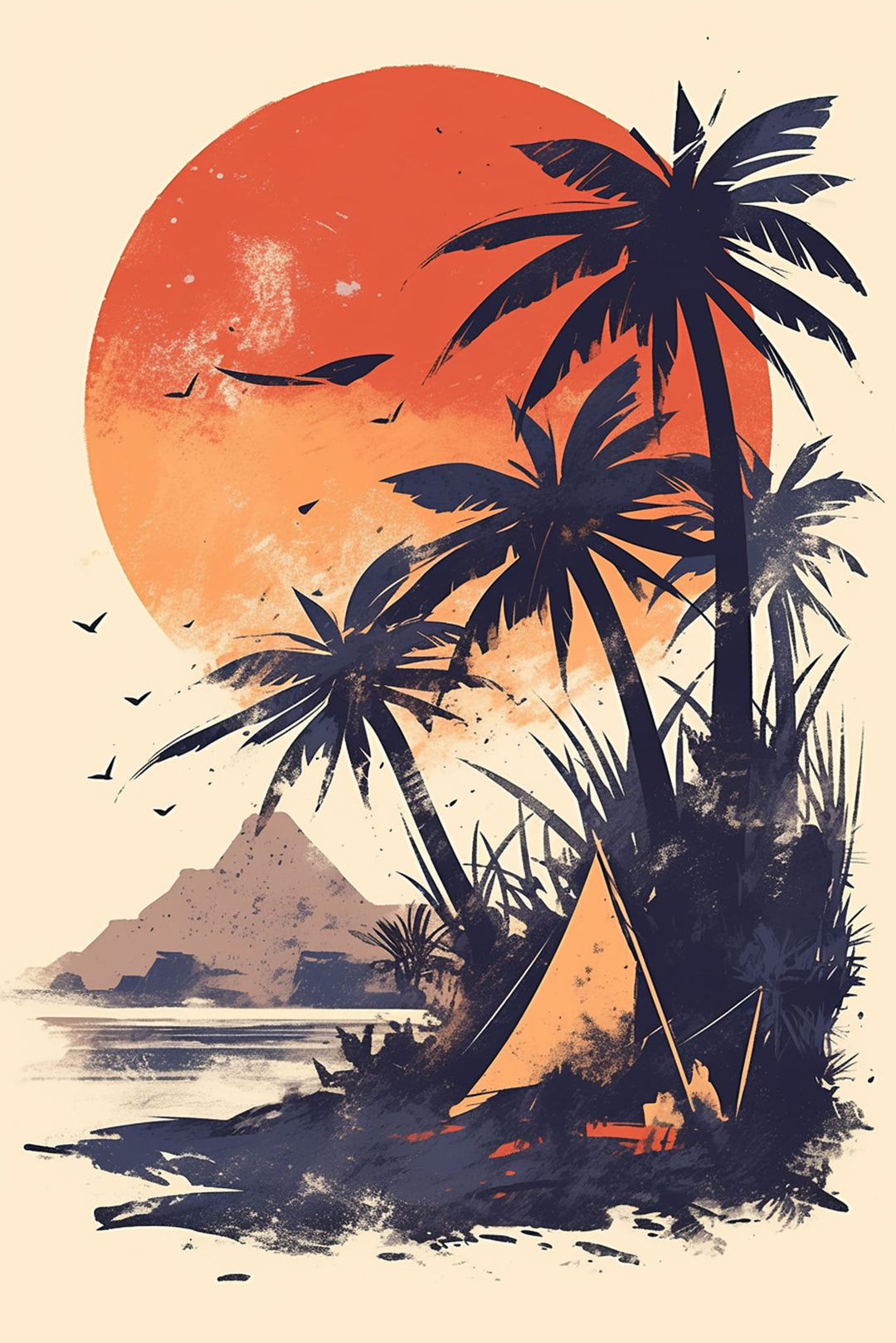 Wadi Home tropical sunset beach landscape wall art print featuring silhouetted palm trees and a campsite in a living room