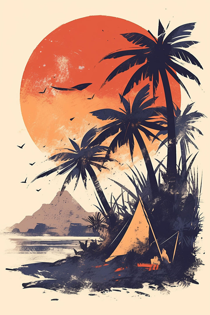 Wadi Home tropical sunset beach landscape wall art print featuring silhouetted palm trees and a campsite in a living room